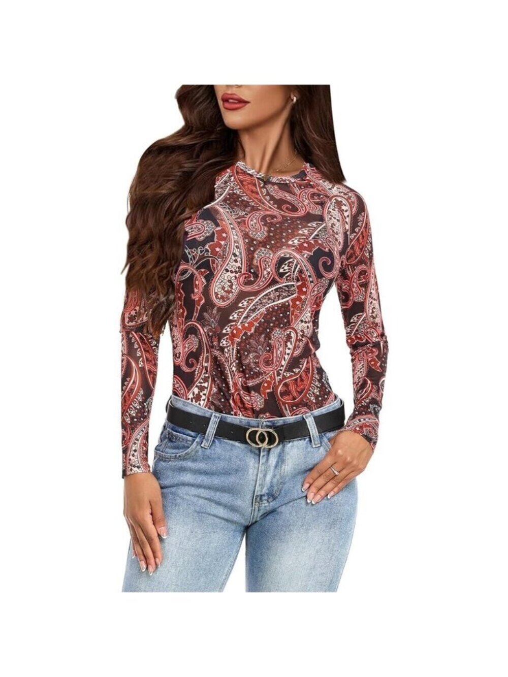 Women Brown Floral Polyester Mesh Top  Crew  Neck Long Sleeve  See-Through Tee